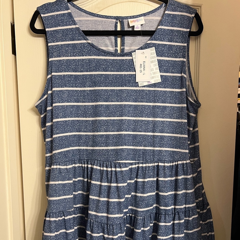 Elaina top from LulaRoe size large, denim blue and off white stripe